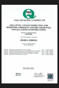 GQA Qualifications certificate for qualified chimney sweep Josh Firkin